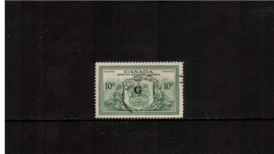 10c Green Special Delivery with ''G'' overprint.<br/>
A superb fine used stamp. <br><b>XQX</b>
