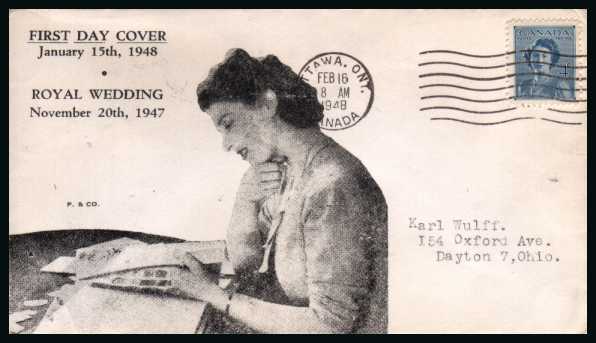 Princess Elizabeth Marriage<br/>
A single on an illustrated FDC with neatly typed address cancelled with an ''OTTAWA, ONT'' ''wavy line'' cancel.