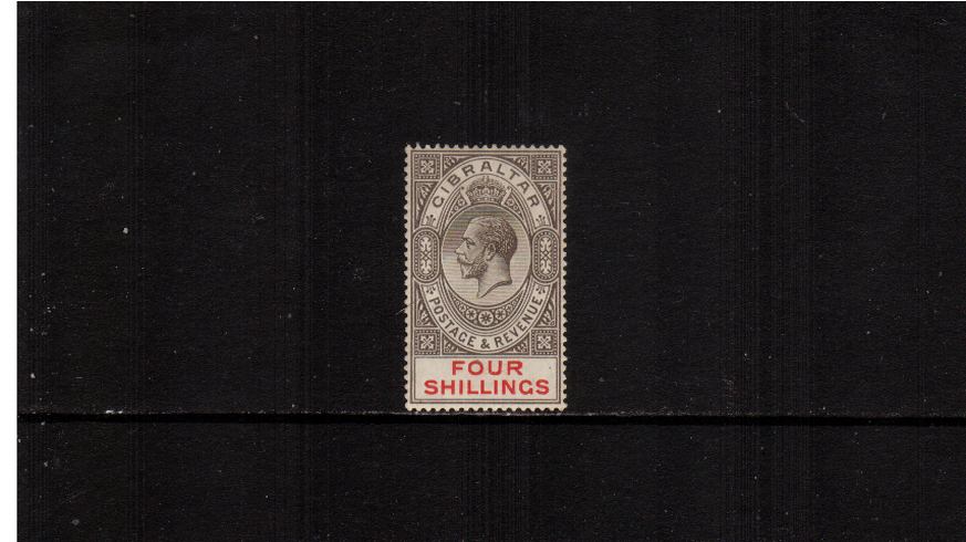 
 4/- Black and Carmine - Watermark Multiple Crown CA<br/>
A fine very lightly mounted mint single.
<br><b>XMX</b>
