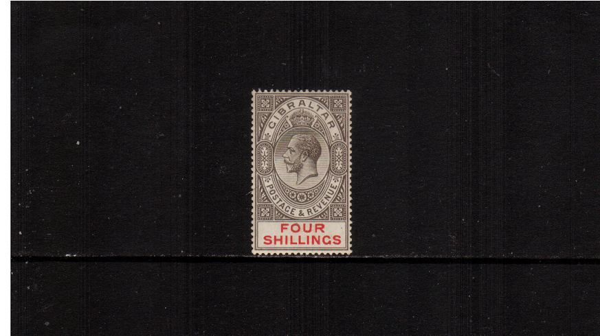 
 4/- Black and Carmine - Watermark Multiple Crown CA<br/>
A fine very lightly mounted mint single.
<br><b>XMX</b>