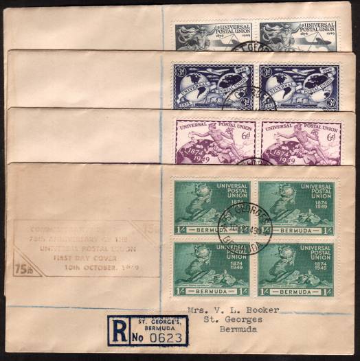 The Universal Postal Union set of four in blocks of four of four seperate neatly typed addressed REGISTERED envelopes each with a special handstamped cachet.