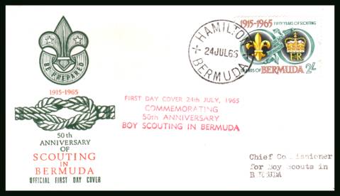50th Anniversary of Bermuda Boy Scouts Association
<br/>A superb neatly handstamped addressed illustrated First Day Cover.
