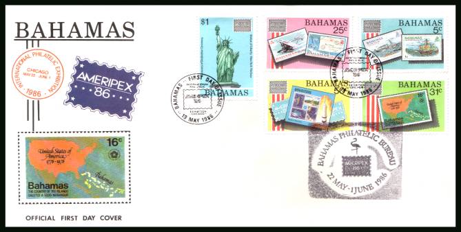 ''Ameripex'' '86'' Stamp Exhibition 
<br/>on an unaddressed illustrated FDC with special handstamp.
