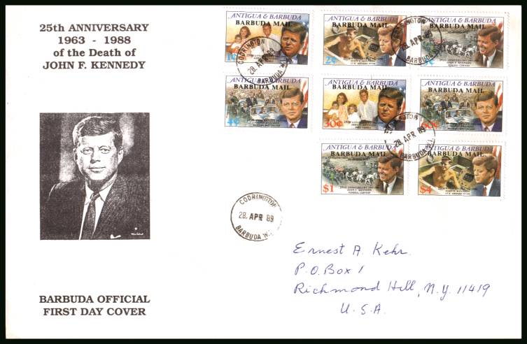 25th Death Anniversary of John F. Kennedy<br/>on a hand addressed First Day Cover to New York USA