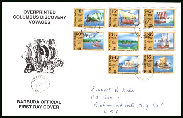 500th Anniversary of Discovery of America by Columbus
<br/>on a hand addressed First Day Cover to New York USA