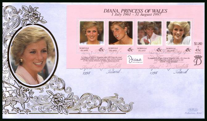 Diana, Princess of Wales Commemoration<br/>
the minisheet on a BENHAM ''Silk'' First Day Cover