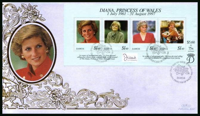 Diana, Princess of Wales Commemoration<br/>
the minisheet on a BENHAM ''Silk'' First Day Cover