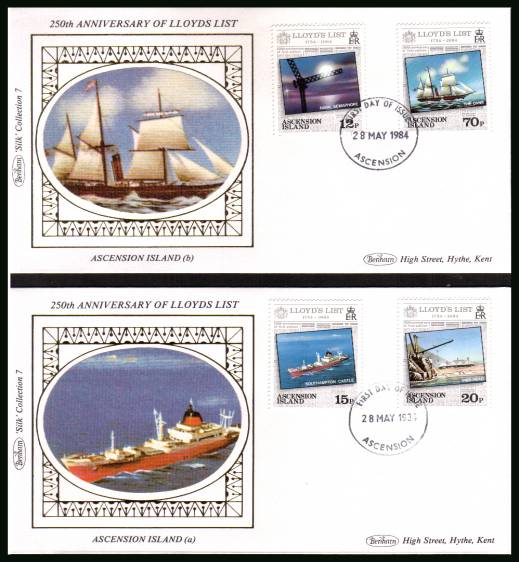 250th Anniversary of Lloyds List set of four on two different <br/>designs of a BENHAM ''Silk'' First Day Cover