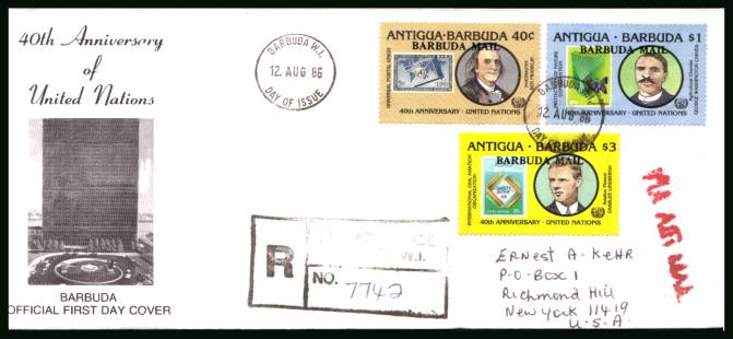 40th Anniversary of United Nations<br/>on a hand addressed REGISTERED  First Day Cover to New York USA