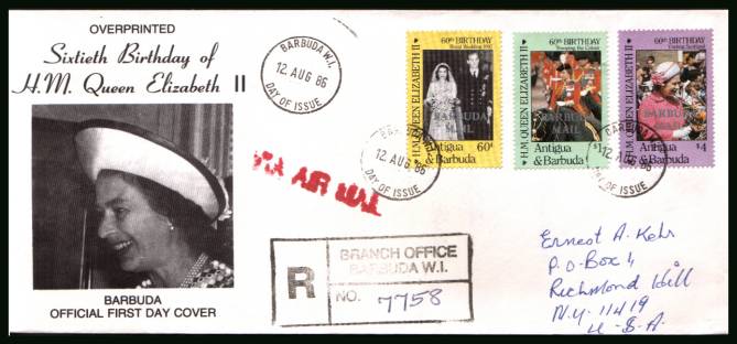 60th Birthday of The Queen<br/>on a hand addressed REGISTERED  First Day Cover to New York USA