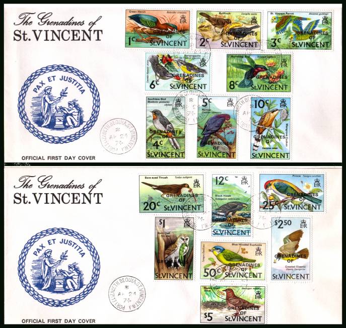 The ''GRENADINES OF'' overprint on the BIRDS definitive set fifteen.<br/>on a pair of unaddressed official First Day Cover