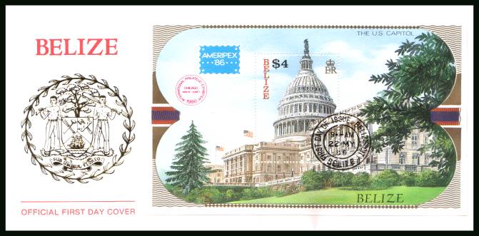 ''Ameripex'' Stamp Exhibition minisheet<br/>on an unaddressed OFFICIAL First Day Cover