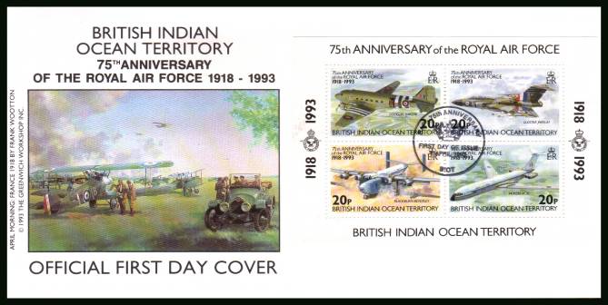 75th Anniversary of Royal Air Force minisheet<br/>cancelled with special cancel on an illustrated First Day Cover