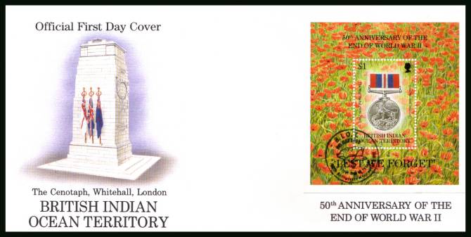 50th Anniversary of End of Second World War minisheet<br/>cancelled with special cancel on an illustrated First Day Cover