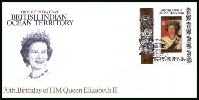 70th Birthday of the Queen minisheet<br/>cancelled with special cancel on an illustrated First Day Cover