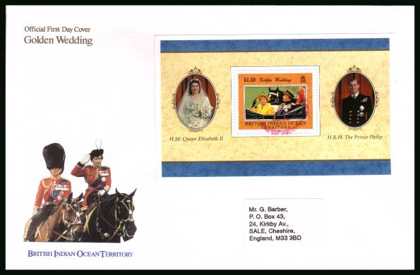 Golden Wedding of the Queen<br/>cancelled with special RED cancel on an illustrated, label addressed  First Day Cover