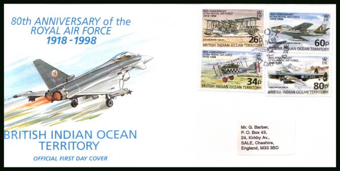 80th Anniversary of the Royal Air Force<br/>cancelled with special cancel on an illustrated, label addressed  First Day Cover