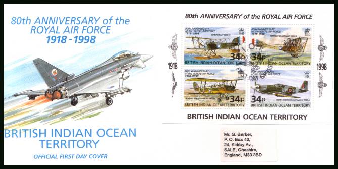 80th Anniversary of the Royal Air Force minisheet<br/>cancelled with special cancel on an illustrated, label addressed  First Day Cover