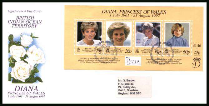 Diana, Princess of Wales Commemoration minisheet<br/>cancelled with special cancel on an illustrated, label addressed  First Day Cover