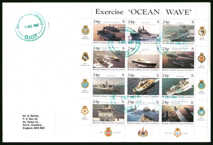 Excercise Ocean Wave sheetlet of twelve<br/>cancelled with special TURQUOISEcancel on a plain, label addressed  First Day Cover.<br/>It could be that because this is a sheetlet no illustrated cover was produced.