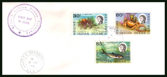 The three later values, 30c, 60c and 85c  of the Marine Life definitive set 
<br/>cancelled with a T.P.O. NORDVAER steel CDS on a plain First Day Cover