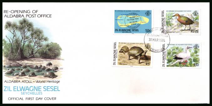 re-opening of Aldabra Post Office<br/>cancelled with the SEYCHELLES FDI cancel on an illustrated, unaddressed  official First Day Cover