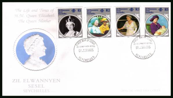 Life and Times of Queen Mother<br/>cancelled with the SEYCHELLES FDI cancel on an illustrated, unaddressed  official First Day Cover