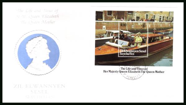 Life and Times of Queen Mother minisheet<br/>cancelled with the SEYCHELLES FDI cancel on an illustrated, unaddressed  official First Day Cover