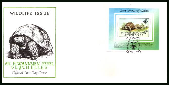 Giant Tortoises minisheet<br/>cancelled with the SEYCHELLES FDI cancel on an illustrated, unaddressed  official First Day Cover