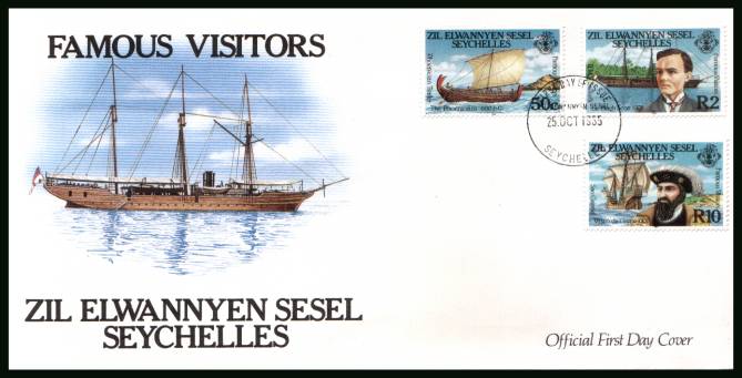 Famous Visitors<br/>cancelled with the SEYCHELLES FDI cancel on an illustrated, unaddressed  official First Day Cover
