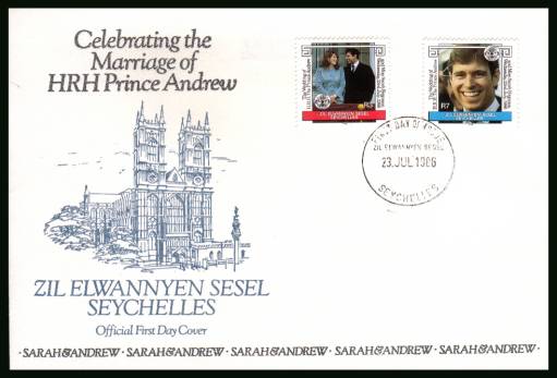 Royal Wedding<br/>cancelled with the SEYCHELLES FDI cancel on an illustrated, unaddressed  official First Day Cover