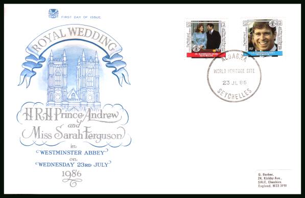 Royal Wedding<br/>cancelled with the ALDABRA - WORLD HERITAGE SITE cancel on an illustrated, unaddressed  STUART First Day Cover