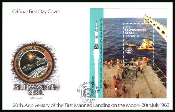 20th Anniversary of First Manned Landing on the Moon minisheet<br/>cancelled with the SEYCHELLES FDI cancel on an illustrated, unaddressed  official First Day Cover
