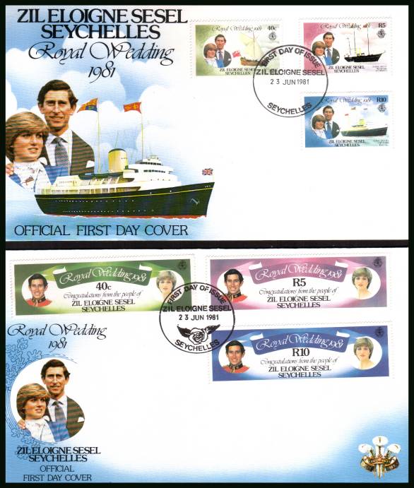 Royal Wedding set of six <br/>cancelled with the SEYCHELLES FDI cancel on two illustrated, unaddressed  official First Day Covers