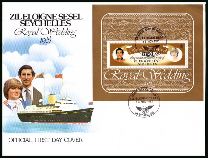 Royal Wedding minisheet<br/>cancelled with the SEYCHELLES FDI cancel on an illustrated, unaddressed  official First Day Cover
