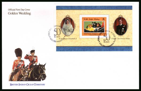 Golden Wedding of the Queen minisheet<br/>
cancelled with special cancel on an illustrated, unaddressed First Day Cover 
