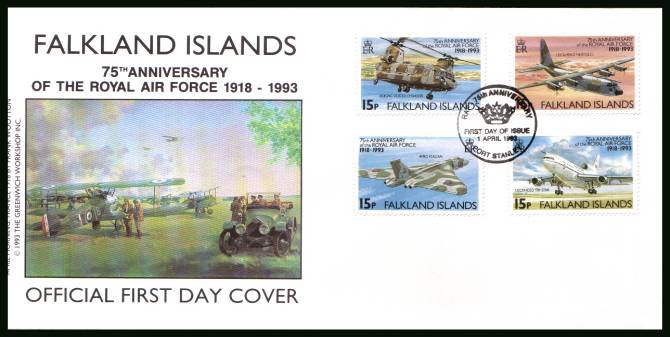 75th Anniversary of Royal Air Force<br/>on a PORT STANLEY cancelled unaddressed official full colour First Day Cover
