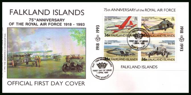 75th Anniversary of Royal Air Force
minisheet <br/>on a PORT STANLEY cancelled unaddressed official full colour First Day Cover
