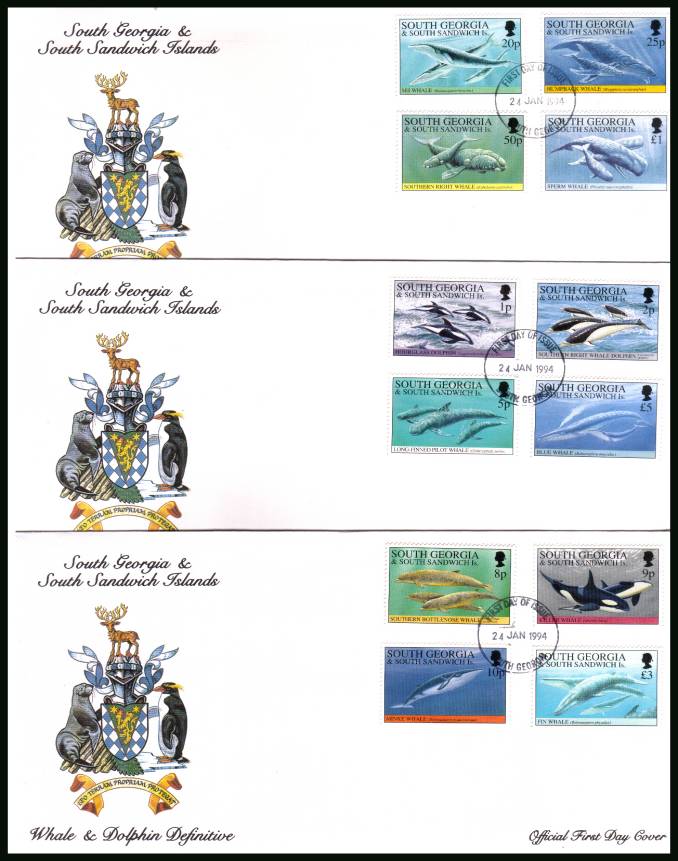 Whales and Dolphins<br/>The complete set of fifteen on three official unaddressed official First Day Covers
