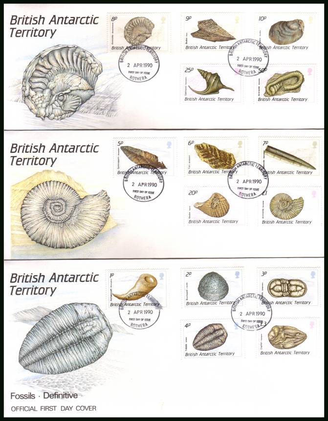 The Fossils definitive set of fifteen
<br/>on three official unaddressed official First Day Covers