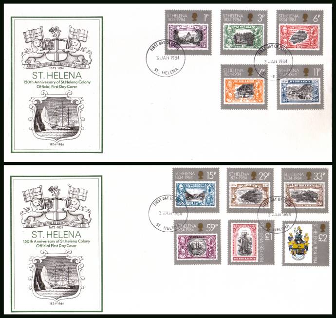150th Anniversary of St. Helena as a British Colony complete set of eleven<br/>on two official unaddressed First Day Covers