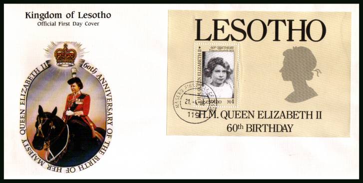 60th Birthday of The Queen minisheet<br/>on an unaddressed official illustrated First Day Cover