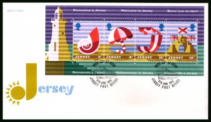 Jersey Tourism minisheet<br/>on an official unaddressed illustrated First Day Cover