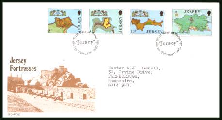 Jersey Fortresses - Drawings by Thomas Phillips<br/>on an official neatly typed addressed illustrated First Day Cover