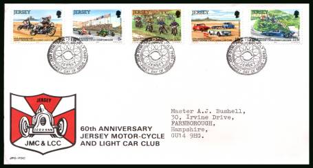 60th Anniversary of Jersey Motorcycles <br/>on an official neatly typed addressed illustrated First Day Cover 
