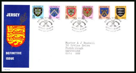The ''Arms of Jersey Families'' 11p-20p<br/>on an official neatly typed addressed illustrated First Day Cover 

