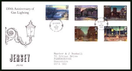 Gas Lighting in Jersey<br/>
on an official neatly typed addressed illustrated First Day Cover 

