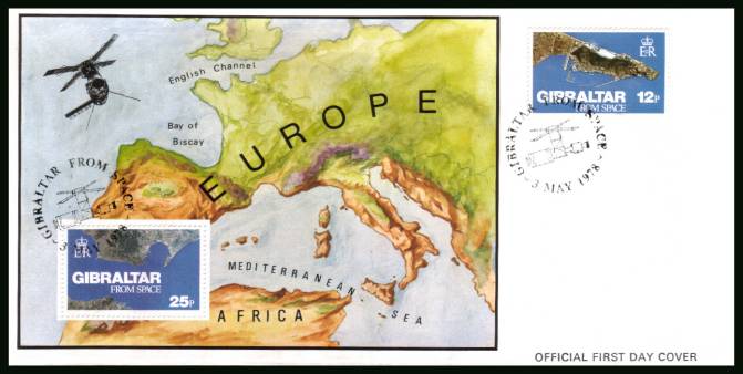 Gibraltar from Space single plus minisheet<br>on an official unaddressed First Day Cover