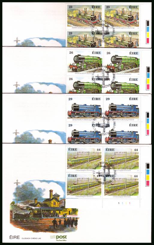 150th Anniversary of Irish Riailways in cylinder blocks of four<br/>on four unaddressed official First Day Covers

