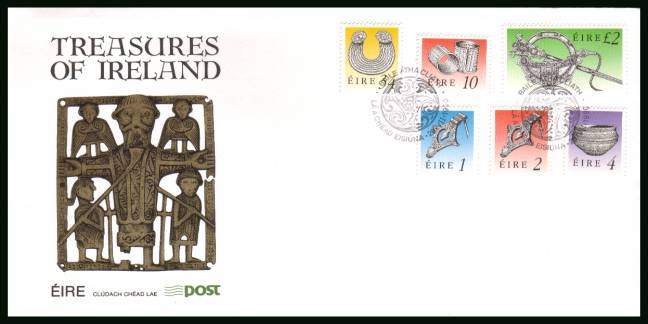Irish Heritage and Treasures set of six values<br/>on an unaddressed official First Day Cover 
